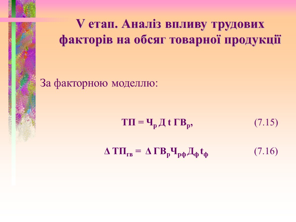 За факторною моделлю: ТП = Чр Д t ГВр, (7.15) Δ ТПгв = Δ